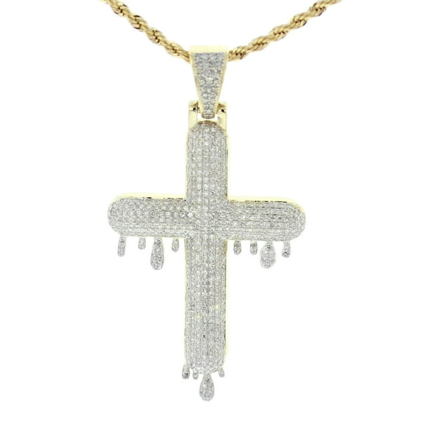 Fully Iced Out Two Tone Dripping Cross Necklace 